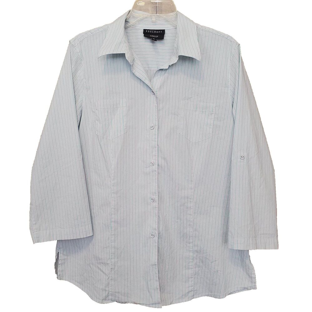 Foxcroft Stretch Fitted Fit Striped Roll-Tab Sleeve Button-Up Top Size 14